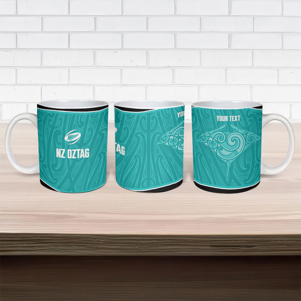 Custom New Zealand Stingray Oztag Ceramic Mug Tag Rugby Maori Pattern Teal Version LT14 - Polynesian Pride