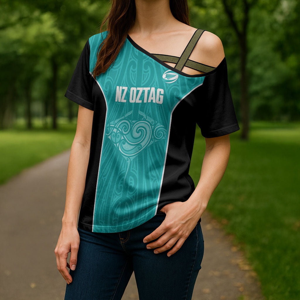 Custom New Zealand Stingray Oztag Cross Shoulder Shirt Tag Rugby Maori Pattern Teal Version LT14 - Polynesian Pride