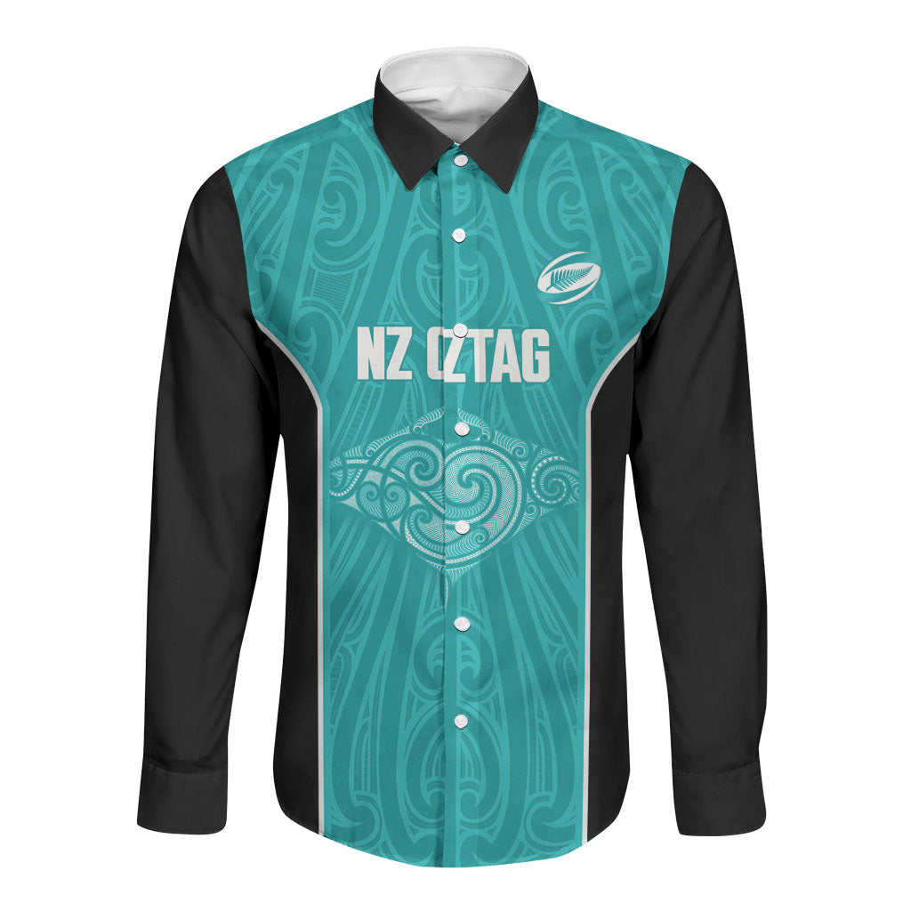 Custom New Zealand Stingray Oztag Long Sleeve Button Shirt Tag Rugby Maori Pattern Teal Version LT14 Unisex Teal - Polynesian Pride