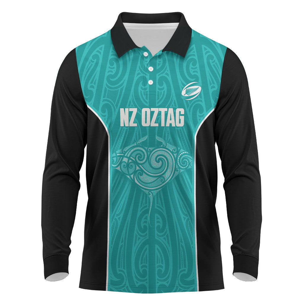 Custom New Zealand Stingray Oztag Long Sleeve Polo Shirt Tag Rugby Maori Pattern Teal Version LT14 Teal - Polynesian Pride
