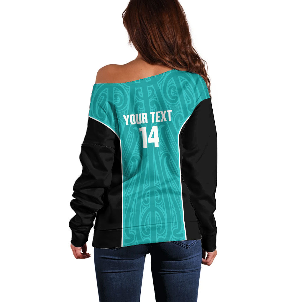 Custom New Zealand Stingray Oztag Off Shoulder Sweater Tag Rugby Maori Pattern Teal Version LT14 - Polynesian Pride