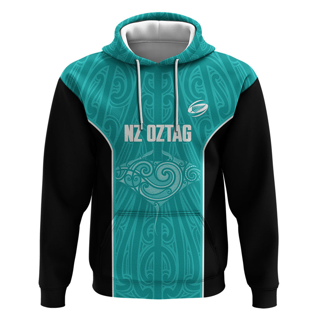 Custom New Zealand Stingray Oztag Zip Hoodie Tag Rugby Maori Pattern Teal Version LT14 Pullover Hoodie Teal - Polynesian Pride