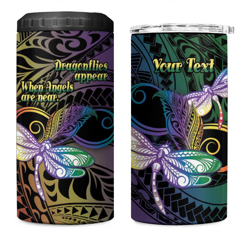 Personalized Polynesian Memorial 4 in 1 Can Cooler Tumbler Dragonflies Appear When Angels Are Near