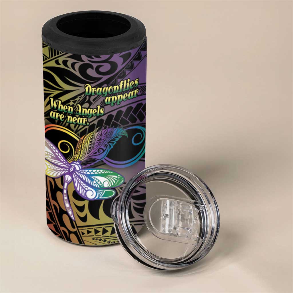 Personalized Polynesian Memorial 4 in 1 Can Cooler Tumbler Dragonflies Appear When Angels Are Near