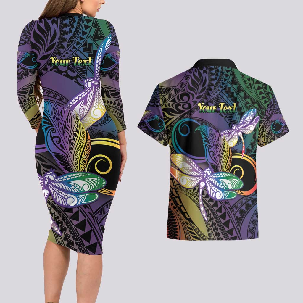 Personalized Polynesian Memorial Couples Matching Long Sleeve Bodycon Dress and Hawaiian Shirt Dragonflies Appear When Angels Are Near LT14 - Polynesian Pride