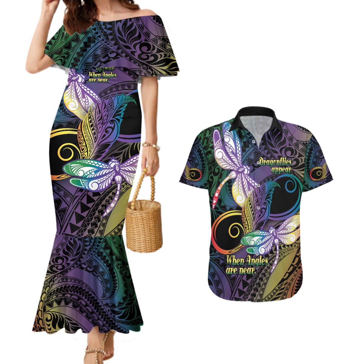 Personalized Polynesian Memorial Couples Matching Mermaid Dress and Hawaiian Shirt Dragonflies Appear When Angels Are Near