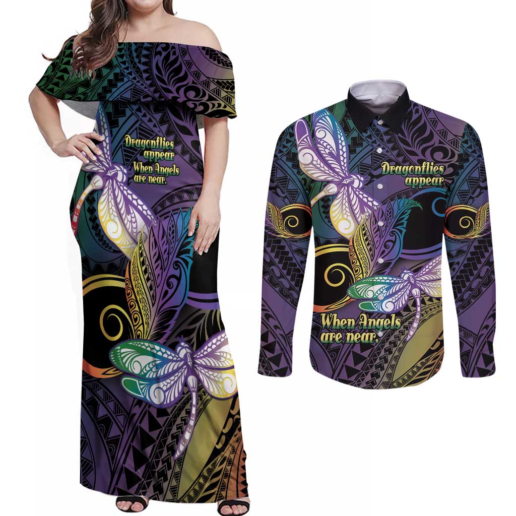 Personalized Polynesian Memorial Couples Matching Off Shoulder Maxi Dress and Long Sleeve Button Shirt Dragonflies Appear When Angels Are Near