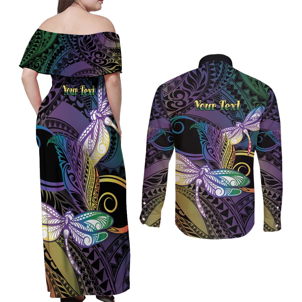 Personalized Polynesian Memorial Couples Matching Off Shoulder Maxi Dress and Long Sleeve Button Shirt Dragonflies Appear When Angels Are Near