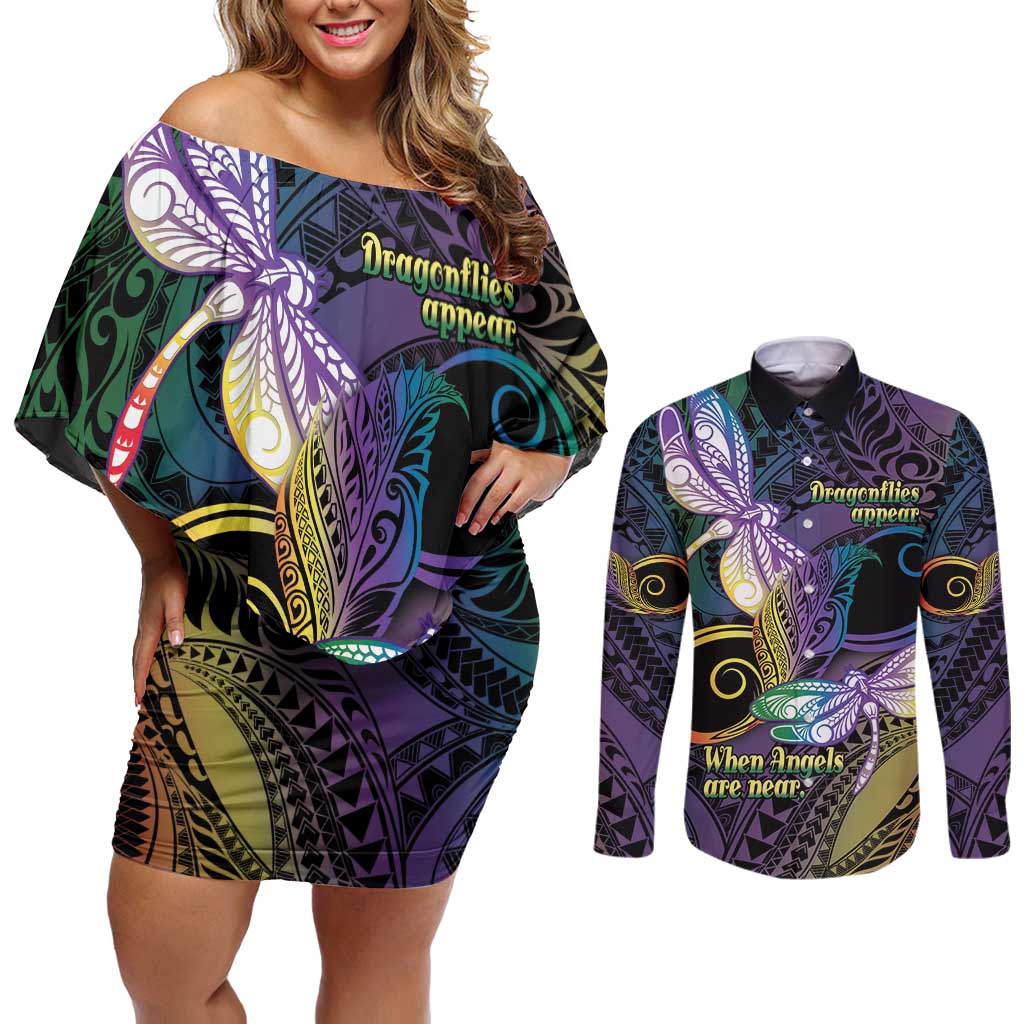Personalized Polynesian Memorial Couples Matching Off Shoulder Short Dress and Long Sleeve Button Shirt Dragonflies Appear When Angels Are Near LT14 Colorful - Polynesian Pride