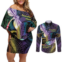 Personalized Polynesian Memorial Couples Matching Off Shoulder Short Dress and Long Sleeve Button Shirt Dragonflies Appear When Angels Are Near LT14 Colorful - Polynesian Pride