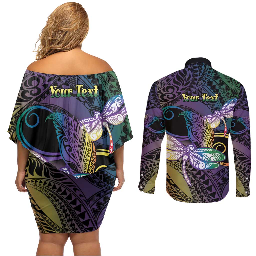 Personalized Polynesian Memorial Couples Matching Off Shoulder Short Dress and Long Sleeve Button Shirt Dragonflies Appear When Angels Are Near LT14 - Polynesian Pride