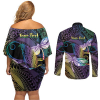 Personalized Polynesian Memorial Couples Matching Off Shoulder Short Dress and Long Sleeve Button Shirt Dragonflies Appear When Angels Are Near LT14 - Polynesian Pride