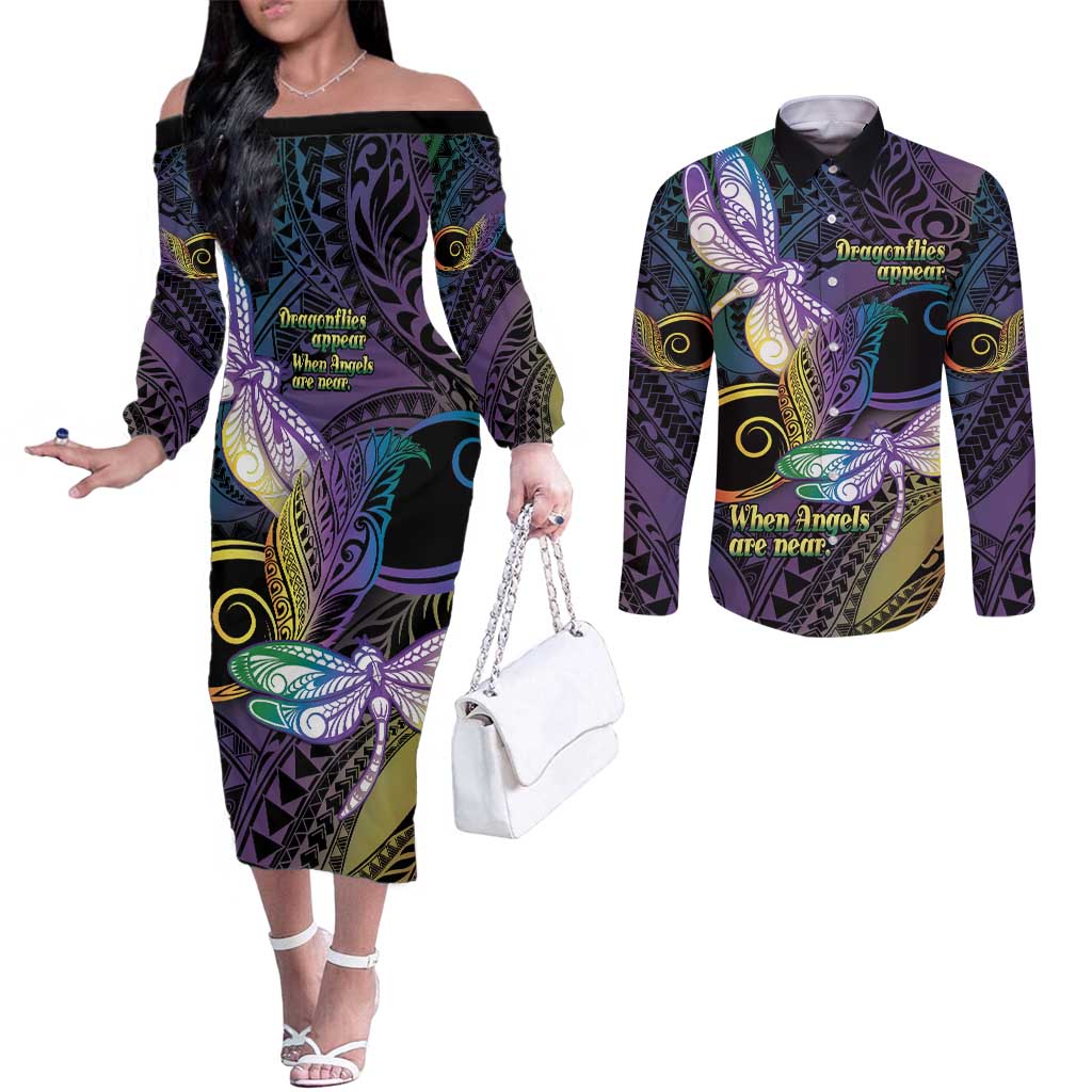 Personalized Polynesian Memorial Couples Matching Off The Shoulder Long Sleeve Dress and Long Sleeve Button Shirt Dragonflies Appear When Angels Are Near