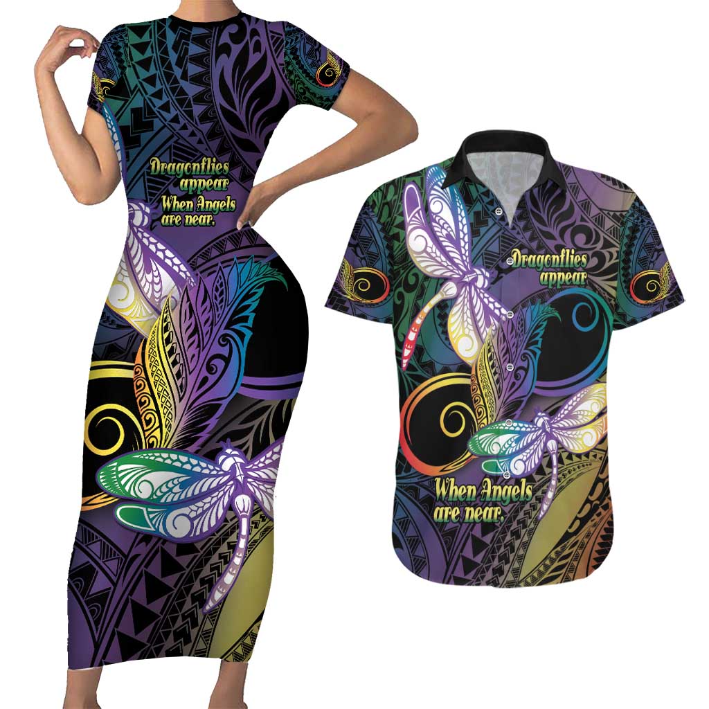 Personalized Polynesian Memorial Couples Matching Short Sleeve Bodycon Dress and Hawaiian Shirt Dragonflies Appear When Angels Are Near LT14 Colorful - Polynesian Pride