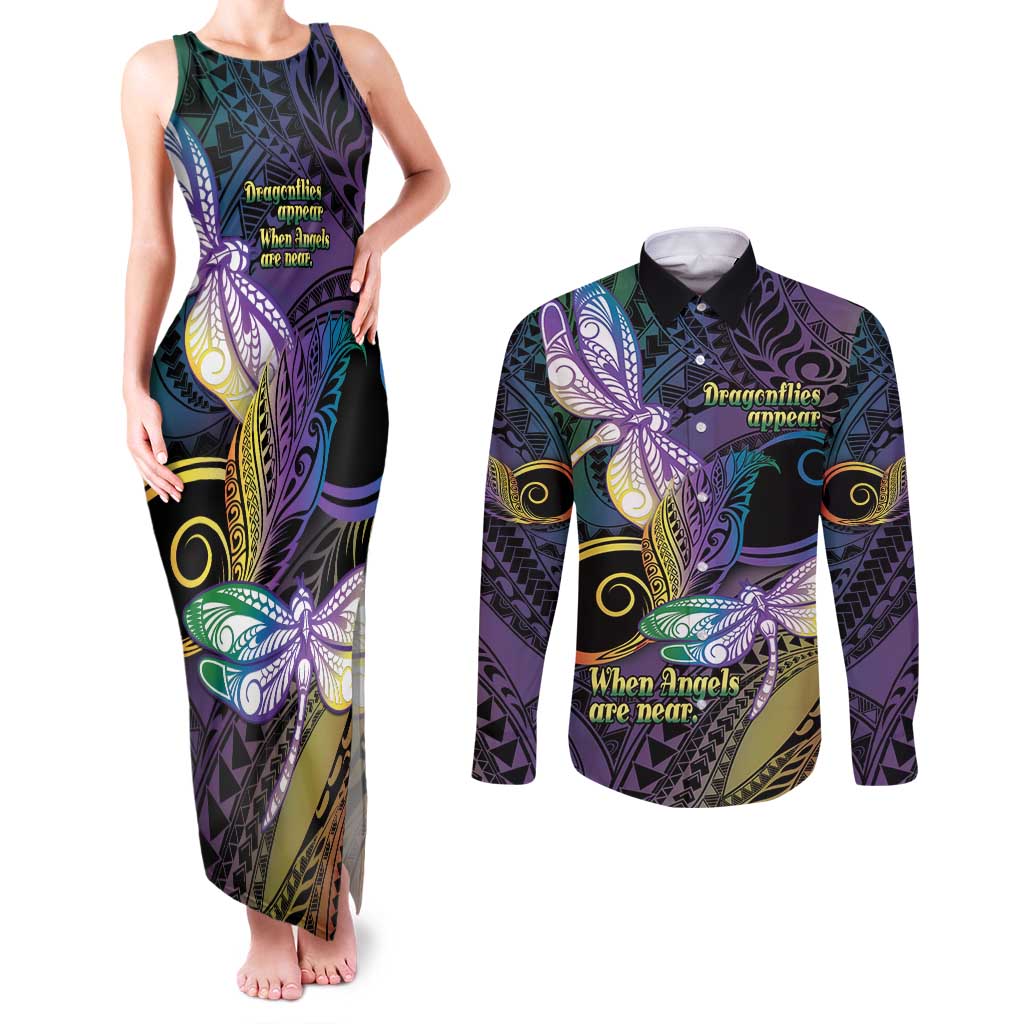 Personalized Polynesian Memorial Couples Matching Tank Maxi Dress and Long Sleeve Button Shirt Dragonflies Appear When Angels Are Near LT14 Colorful - Polynesian Pride