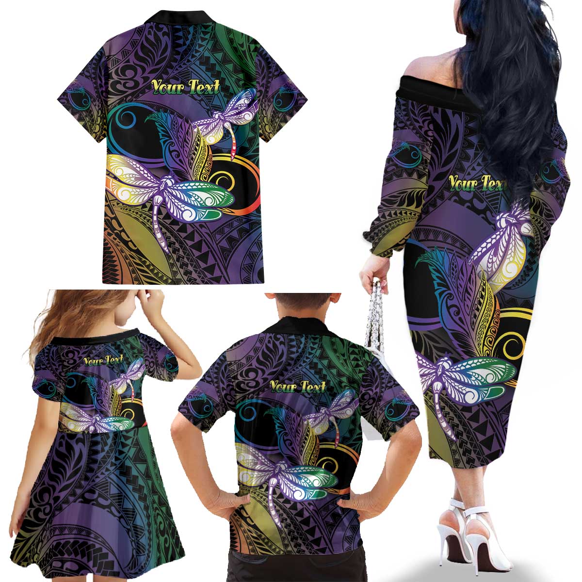 Personalized Polynesian Memorial Family Matching Off The Shoulder Long Sleeve Dress and Hawaiian Shirt Dragonflies Appear When Angels Are Near LT14 - Polynesian Pride