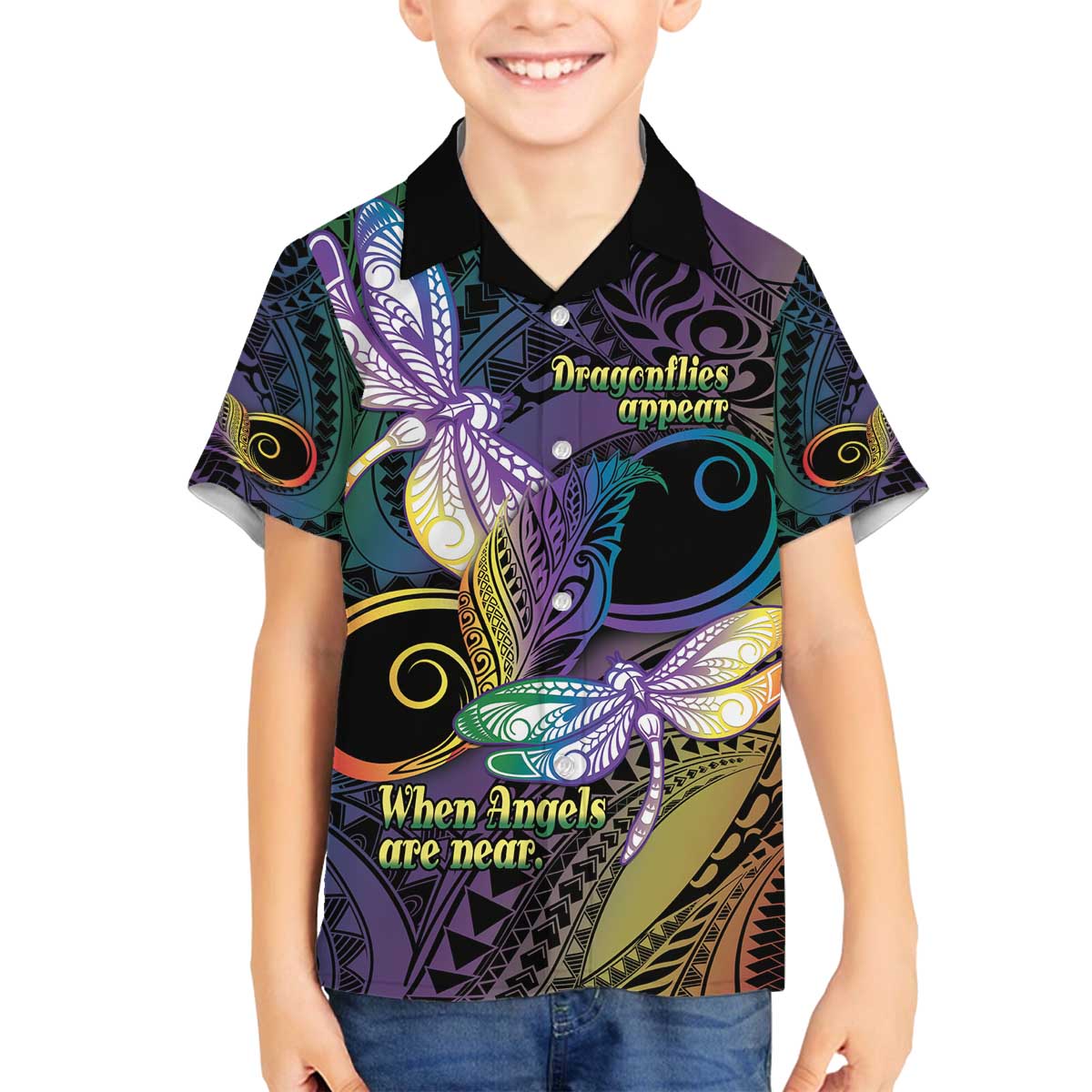 Personalized Polynesian Memorial Family Matching Off The Shoulder Long Sleeve Dress and Hawaiian Shirt Dragonflies Appear When Angels Are Near LT14 Son's Shirt Colorful - Polynesian Pride