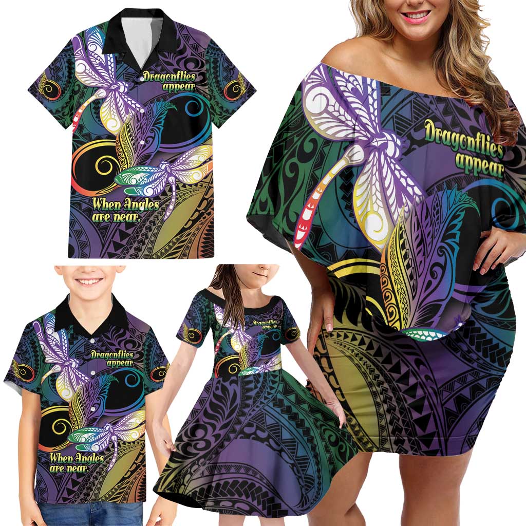 Personalized Polynesian Memorial Family Matching Off Shoulder Short Dress and Hawaiian Shirt Dragonflies Appear When Angels Are Near