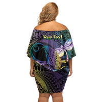 Personalized Polynesian Memorial Family Matching Off Shoulder Short Dress and Hawaiian Shirt Dragonflies Appear When Angels Are Near
