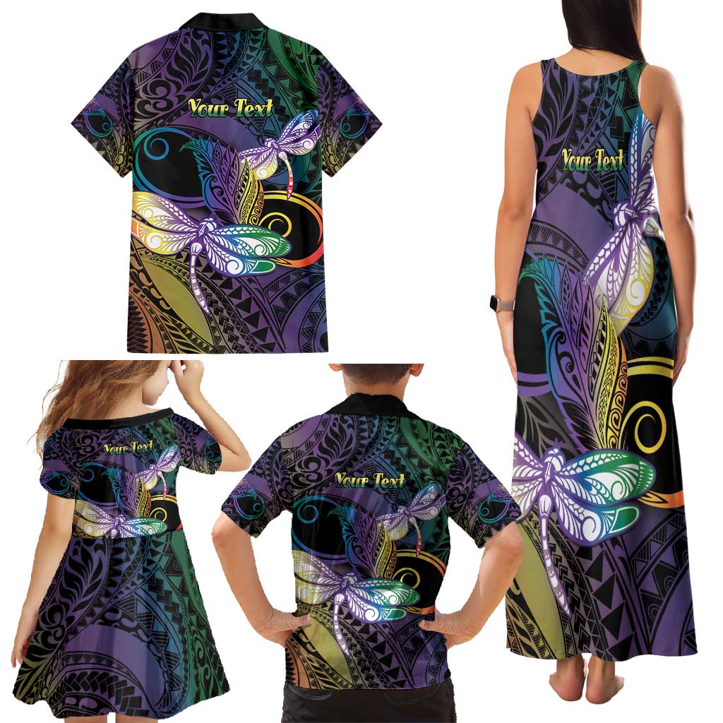 Personalized Polynesian Memorial Family Matching Tank Maxi Dress and Hawaiian Shirt Dragonflies Appear When Angels Are Near