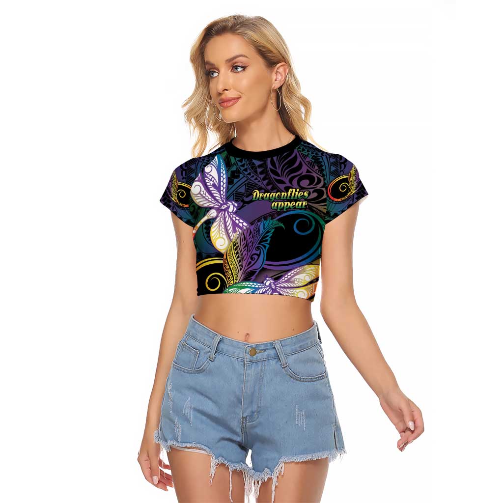 Personalized Polynesian Memorial Raglan Cropped T Shirt Dragonflies Appear When Angels Are Near