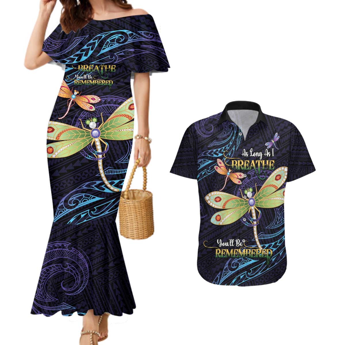 As Long As I Breathe You'll Be Remembered Couples Matching Mermaid Dress and Hawaiian Shirt Dragonflies Memorial - Polynesian Pattern