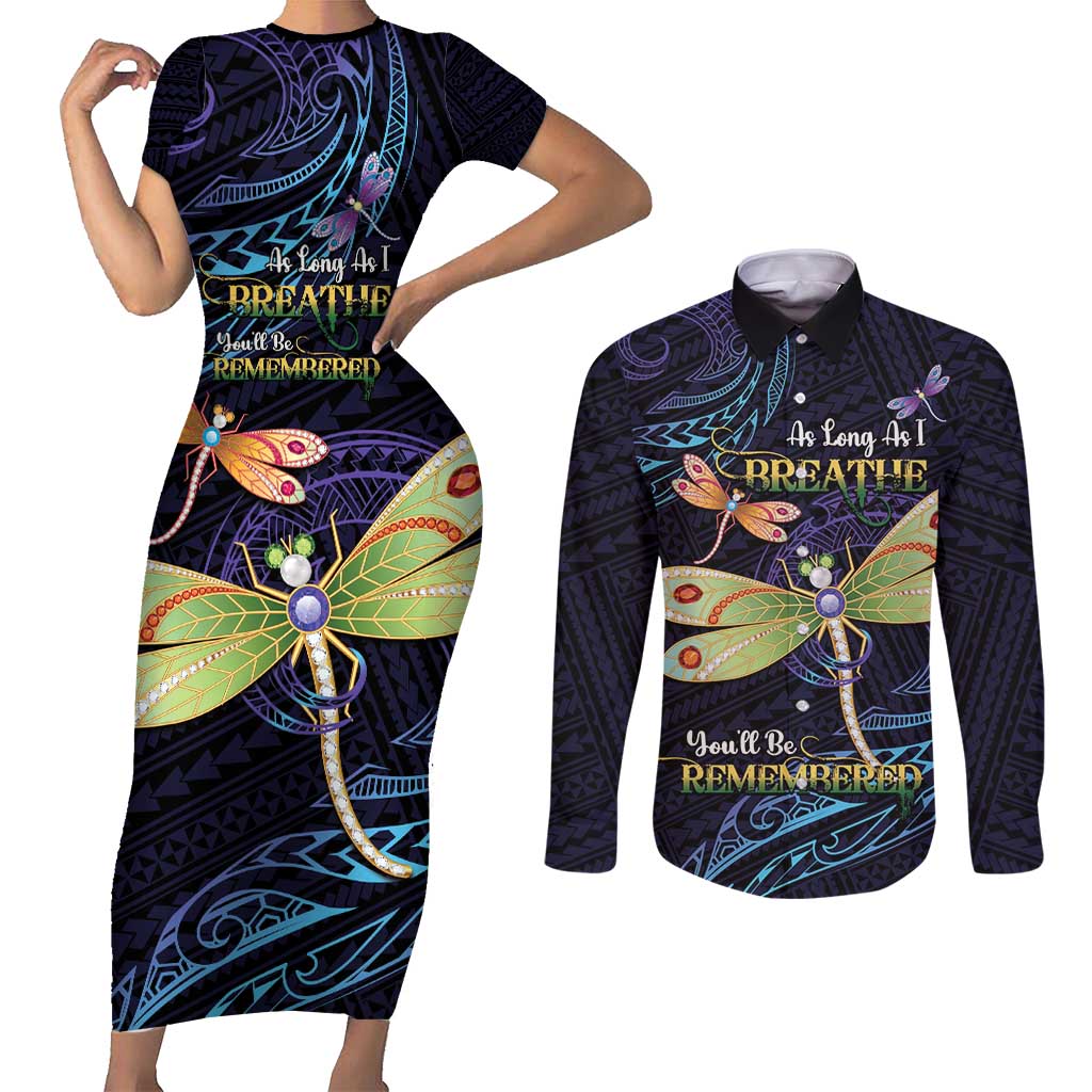 As Long As I Breathe You'll Be Remembered Couples Matching Short Sleeve Bodycon Dress and Long Sleeve Button Shirt Dragonflies Memorial - Polynesian Pattern LT14 Black - Polynesian Pride