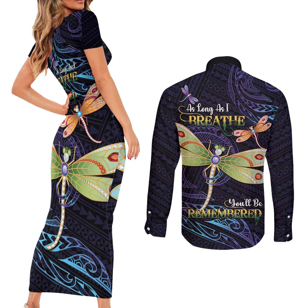 As Long As I Breathe You'll Be Remembered Couples Matching Short Sleeve Bodycon Dress and Long Sleeve Button Shirt Dragonflies Memorial - Polynesian Pattern LT14 - Polynesian Pride