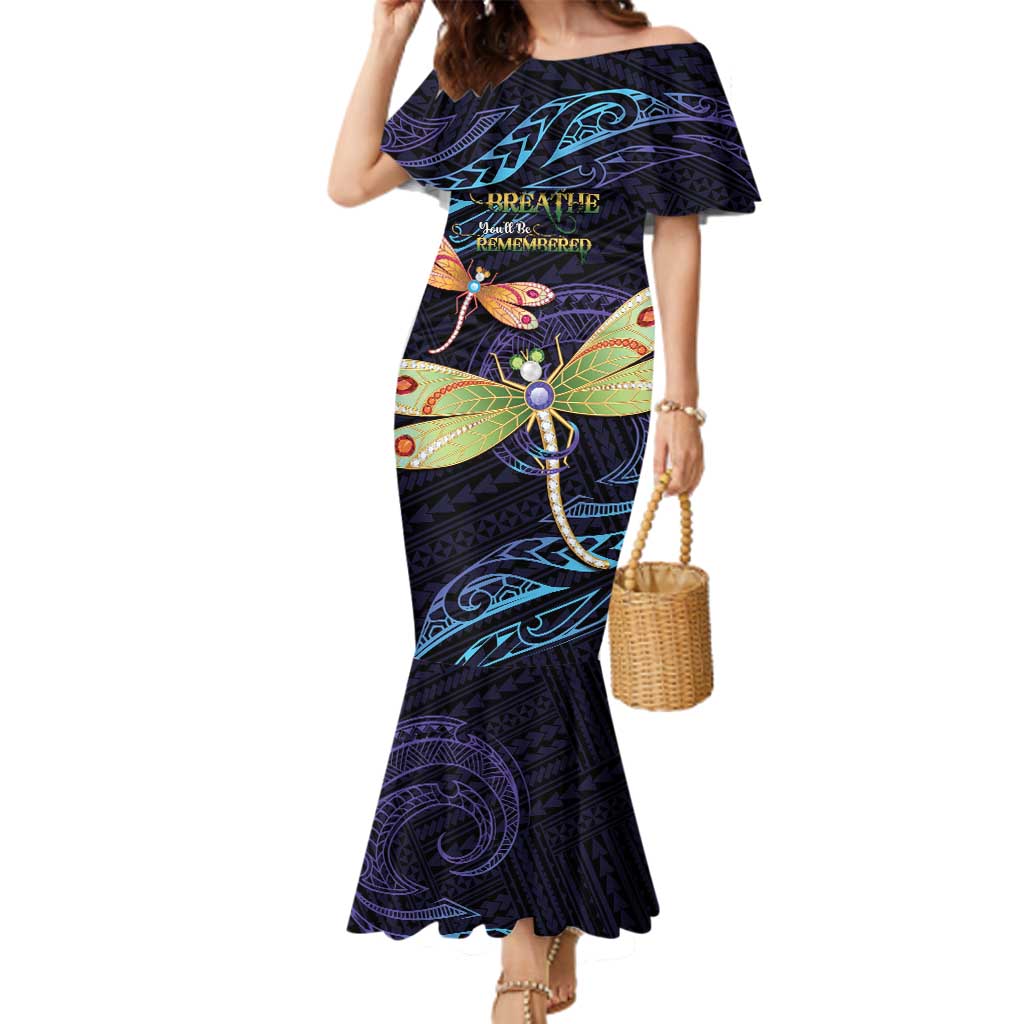 As Long As I Breathe You'll Be Remembered Family Matching Mermaid Dress and Hawaiian Shirt Dragonflies Memorial - Polynesian Pattern LT14 Mom's Dress Black - Polynesian Pride