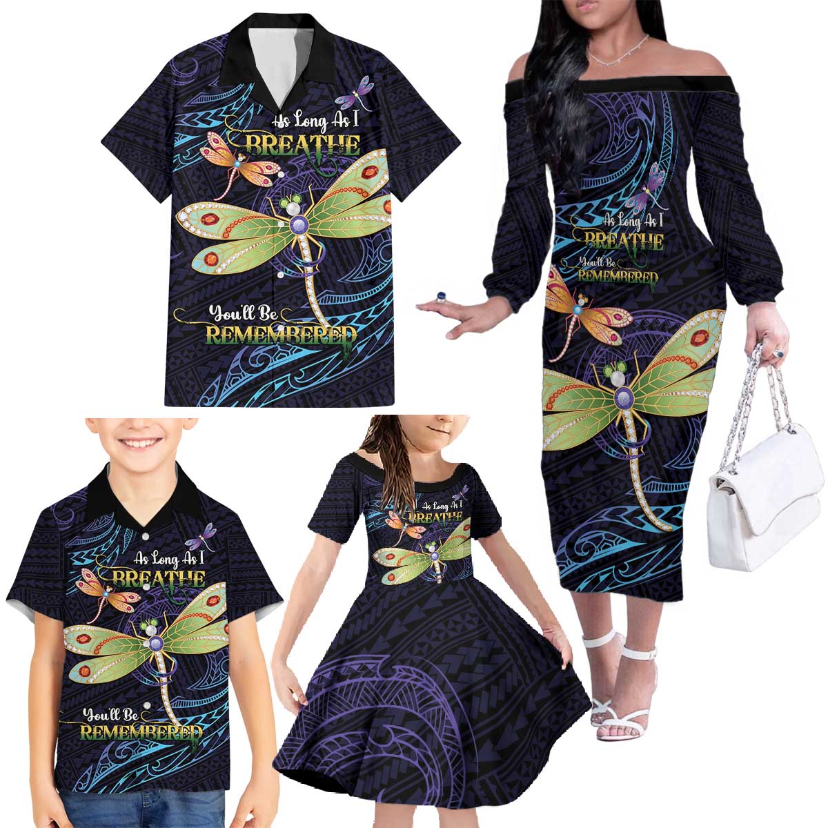 As Long As I Breathe You'll Be Remembered Family Matching Off The Shoulder Long Sleeve Dress and Hawaiian Shirt Dragonflies Memorial - Polynesian Pattern LT14 - Polynesian Pride