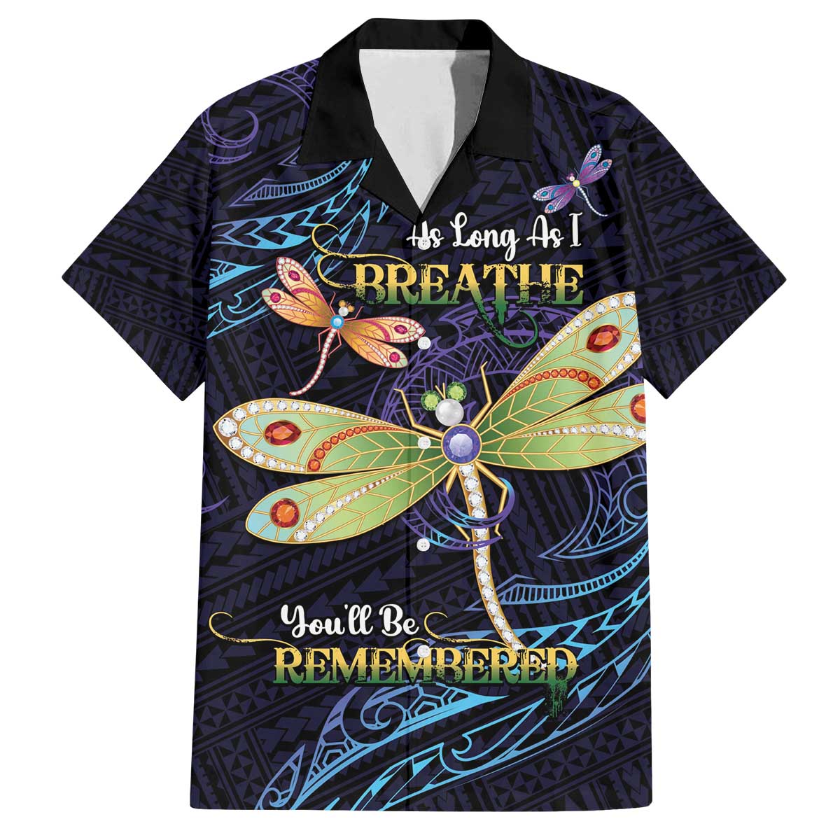 As Long As I Breathe You'll Be Remembered Family Matching Off The Shoulder Long Sleeve Dress and Hawaiian Shirt Dragonflies Memorial - Polynesian Pattern LT14 Dad's Shirt - Short Sleeve Black - Polynesian Pride