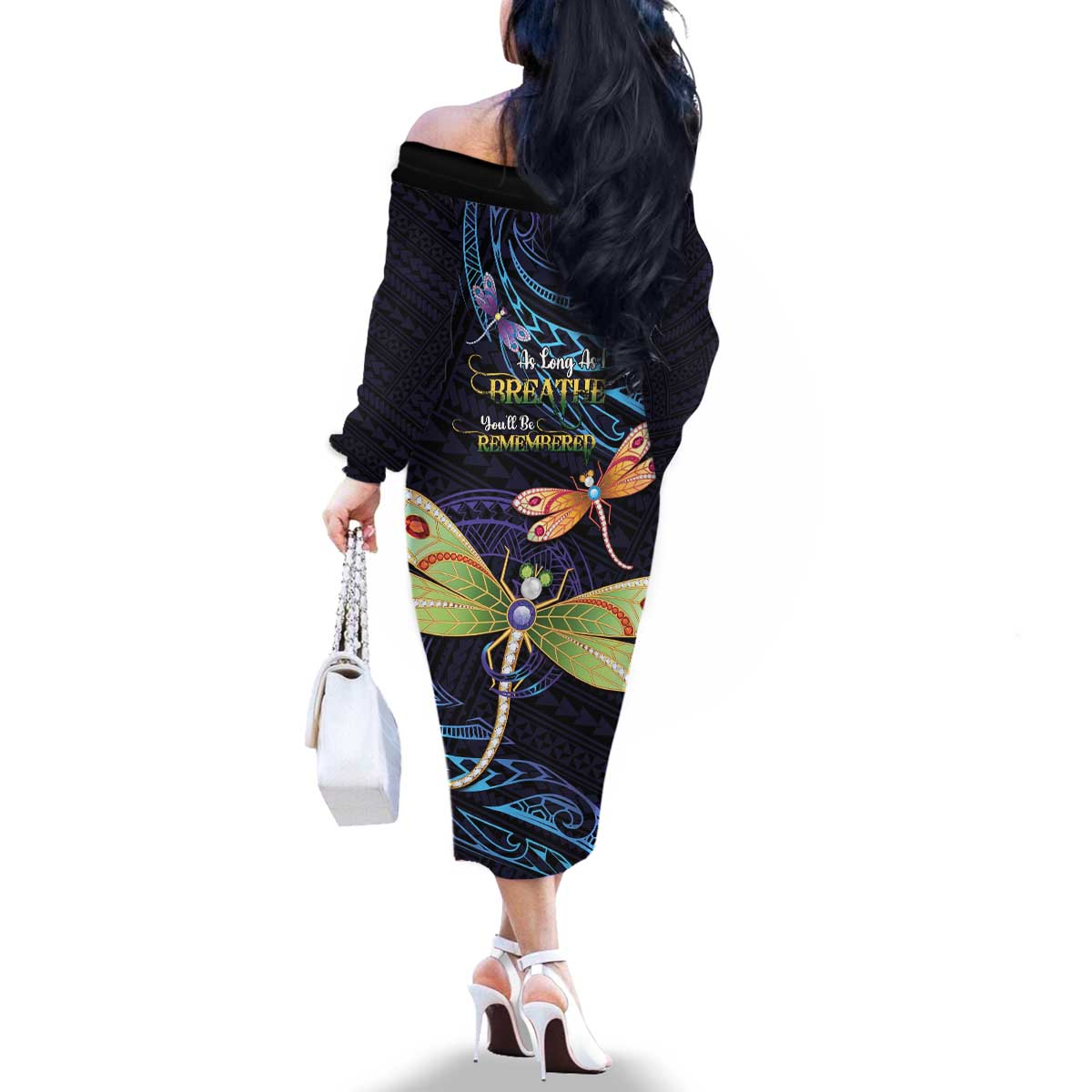 As Long As I Breathe You'll Be Remembered Family Matching Off The Shoulder Long Sleeve Dress and Hawaiian Shirt Dragonflies Memorial - Polynesian Pattern LT14 - Polynesian Pride