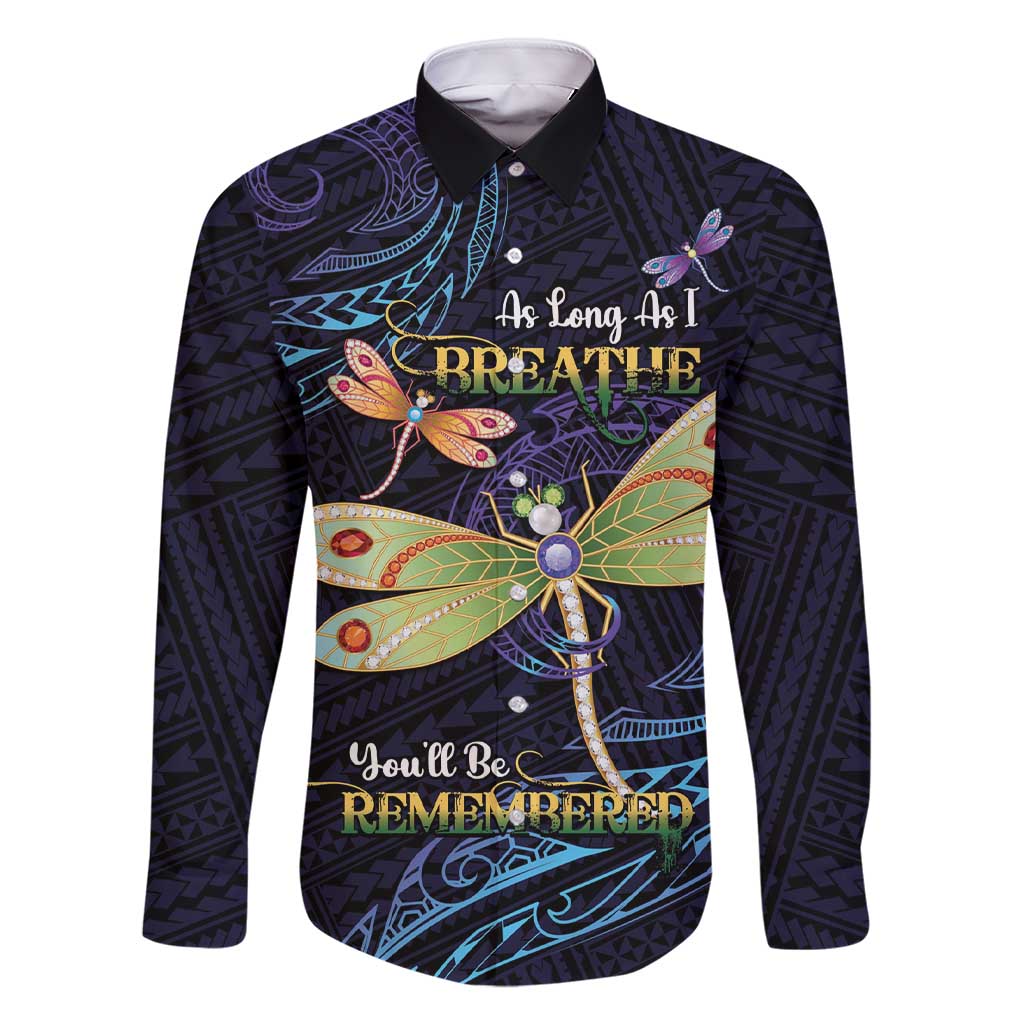 As Long As I Breathe You'll Be Remembered Family Matching Short Sleeve Bodycon Dress and Hawaiian Shirt Dragonflies Memorial - Polynesian Pattern LT14 Dad's Shirt - Long Sleeve Black - Polynesian Pride