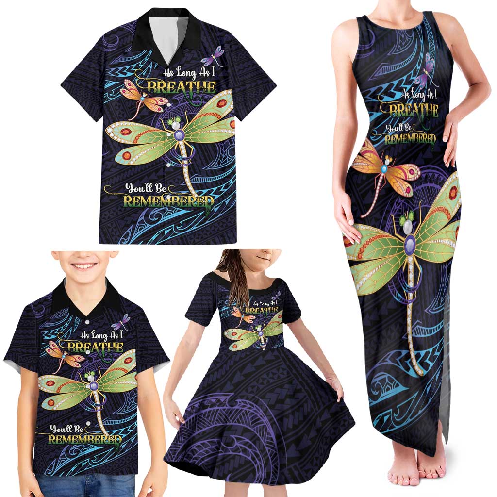 As Long As I Breathe You'll Be Remembered Family Matching Tank Maxi Dress and Hawaiian Shirt Dragonflies Memorial - Polynesian Pattern