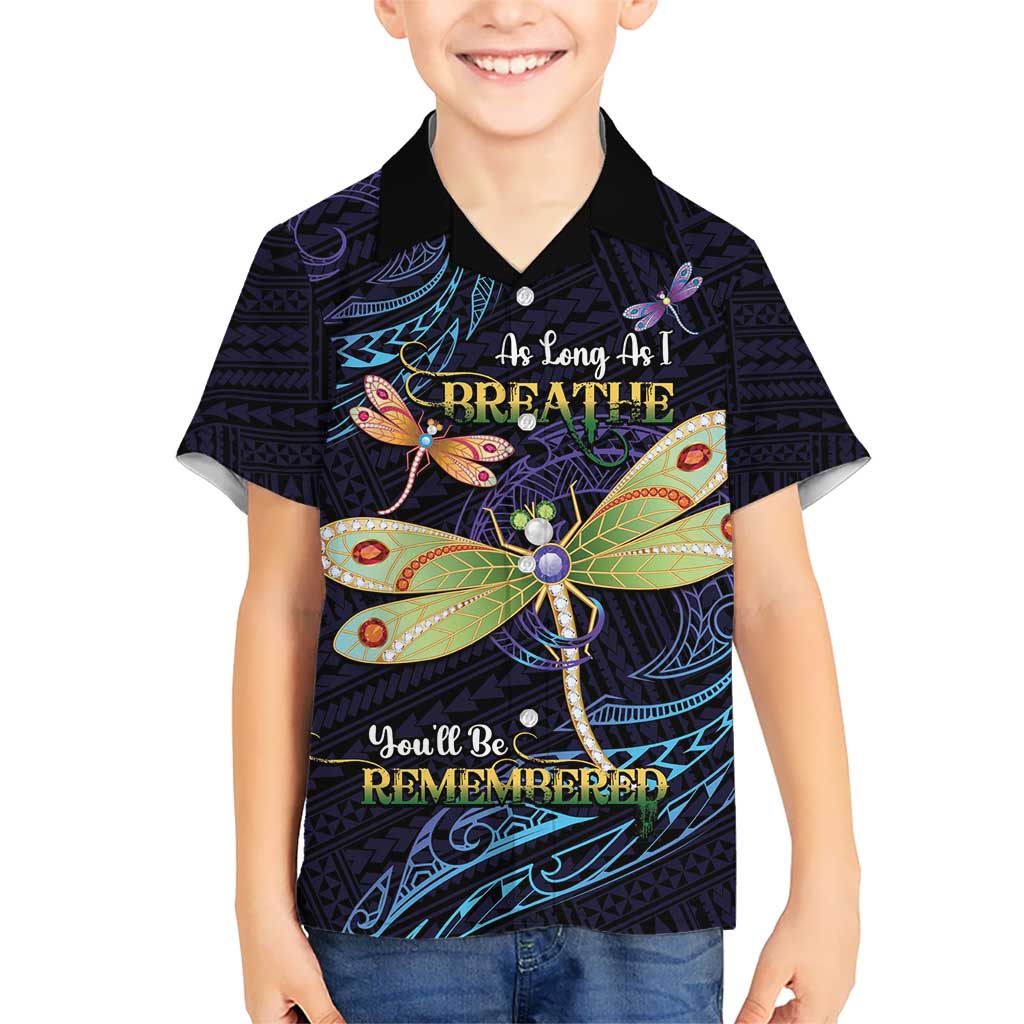 As Long As I Breathe You'll Be Remembered Kid Hawaiian Shirt Dragonflies Memorial - Polynesian Pattern