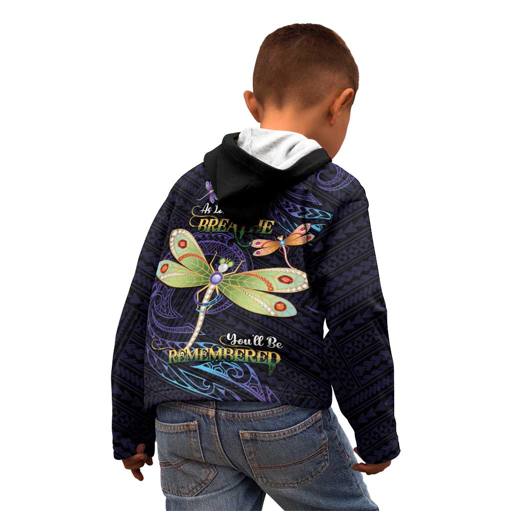 As Long As I Breathe You'll Be Remembered Kid Hoodie Dragonflies Memorial - Polynesian Pattern