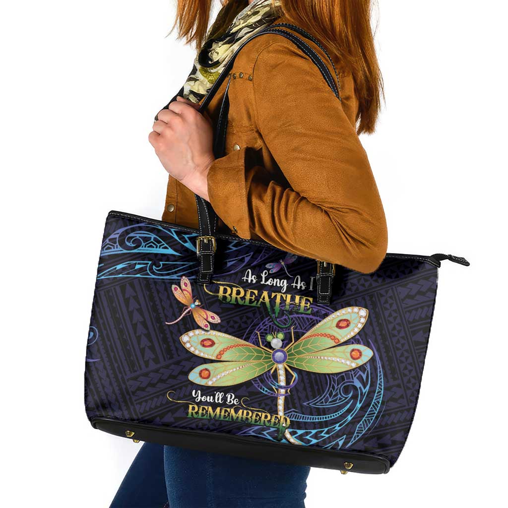 As Long As I Breathe You'll Be Remembered Leather Tote Bag Dragonflies Memorial - Polynesian Pattern