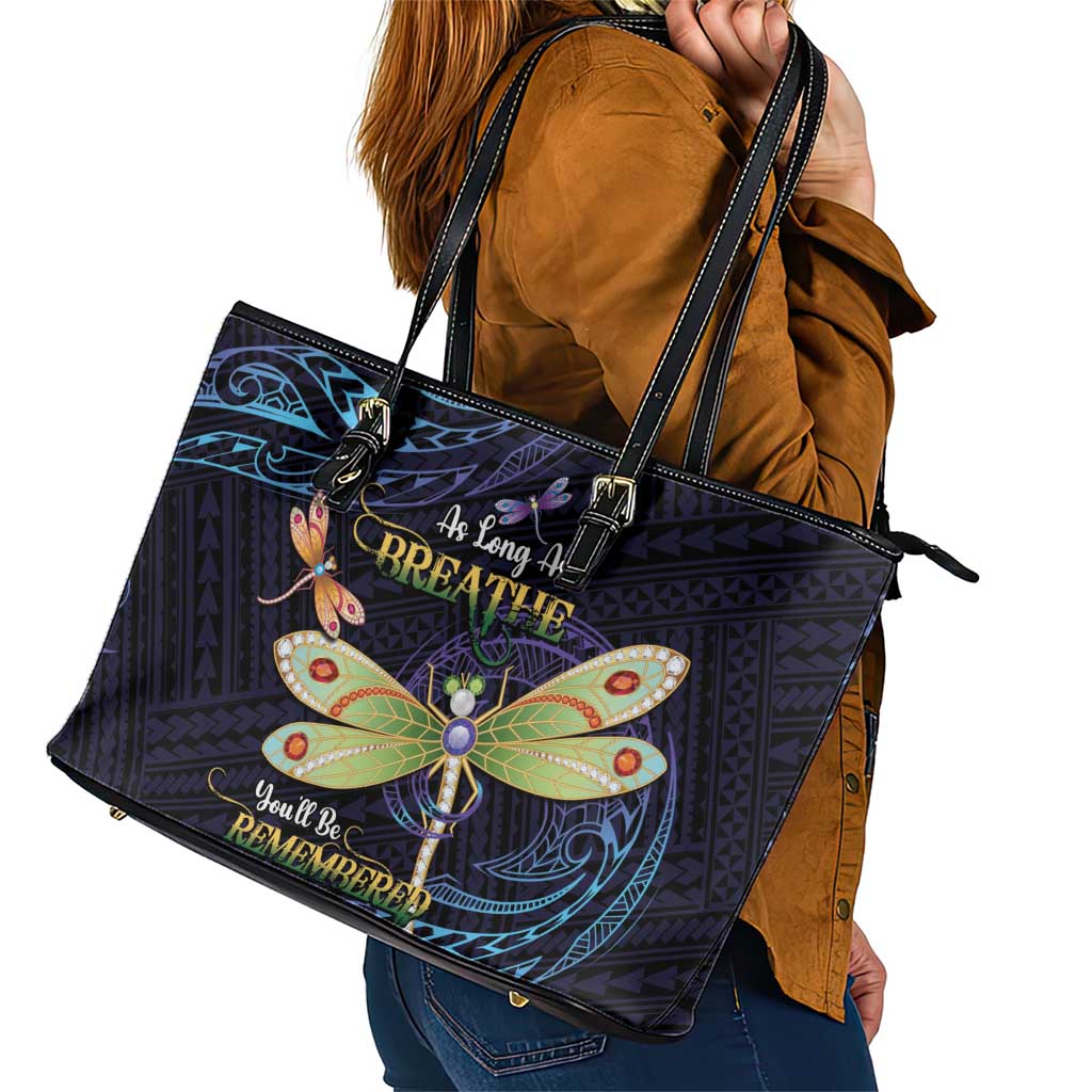 As Long As I Breathe You'll Be Remembered Leather Tote Bag Dragonflies Memorial - Polynesian Pattern