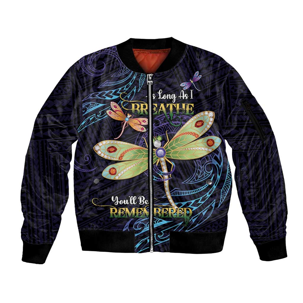 As Long As I Breathe You'll Be Remembered Sleeve Zip Bomber Jacket Dragonflies Memorial - Polynesian Pattern