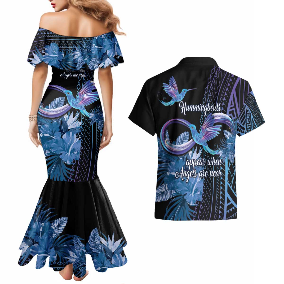 Polynesian Memorial Couples Matching Mermaid Dress and Hawaiian Shirt Hummingbirds Appear When Angels Are Near LT14 - Polynesian Pride