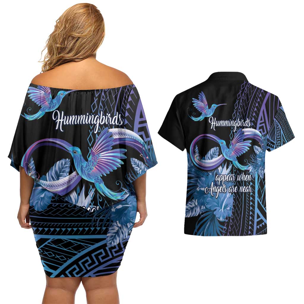 Polynesian Memorial Couples Matching Off Shoulder Short Dress and Hawaiian Shirt Hummingbirds Appear When Angels Are Near LT14 - Polynesian Pride