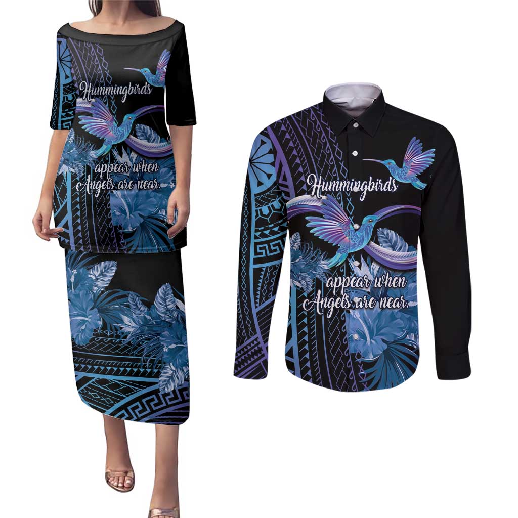 Polynesian Memorial Couples Matching Puletasi and Long Sleeve Button Shirt Hummingbirds Appear When Angels Are Near LT14 Black - Polynesian Pride