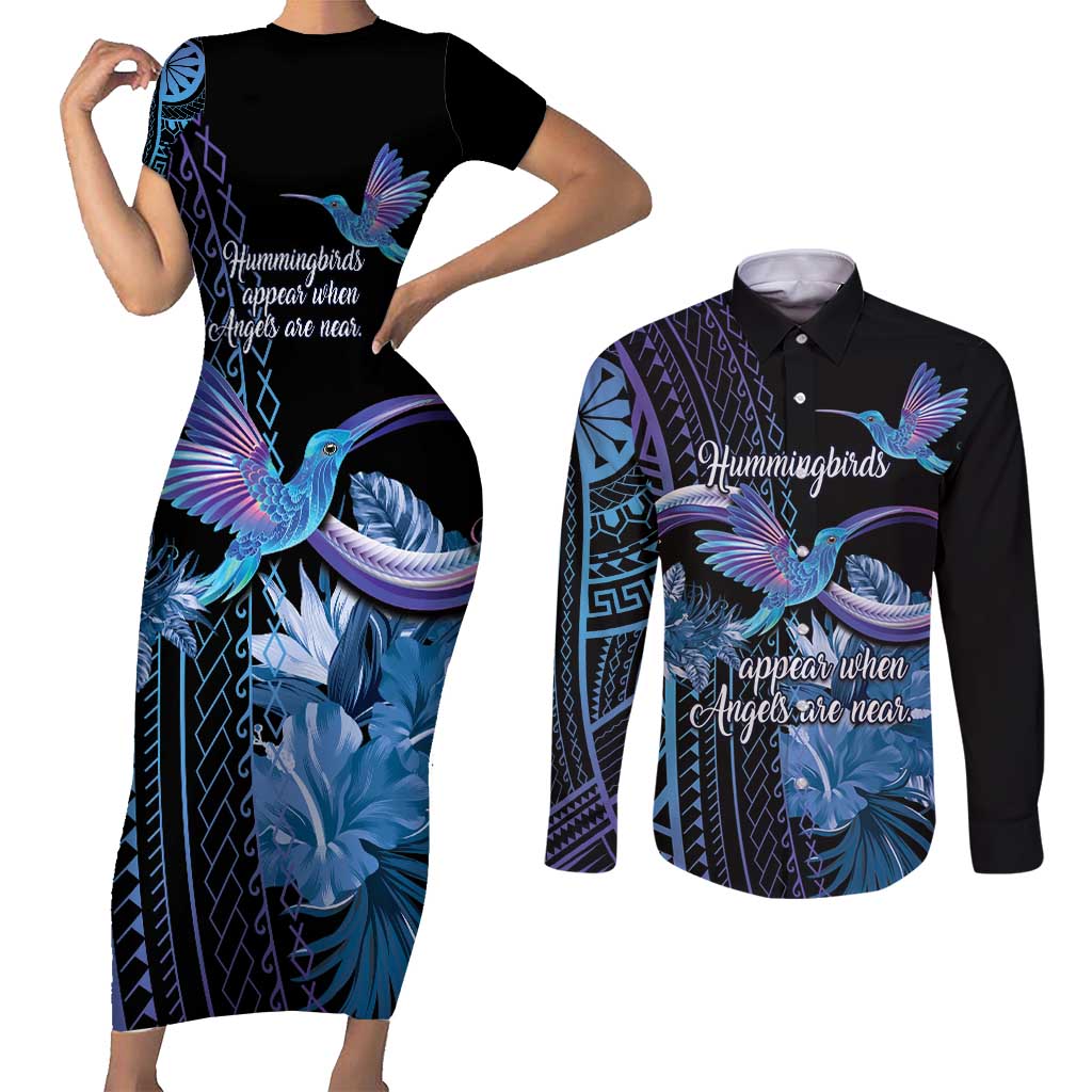 Polynesian Memorial Couples Matching Short Sleeve Bodycon Dress and Long Sleeve Button Shirt Hummingbirds Appear When Angels Are Near LT14 Black - Polynesian Pride