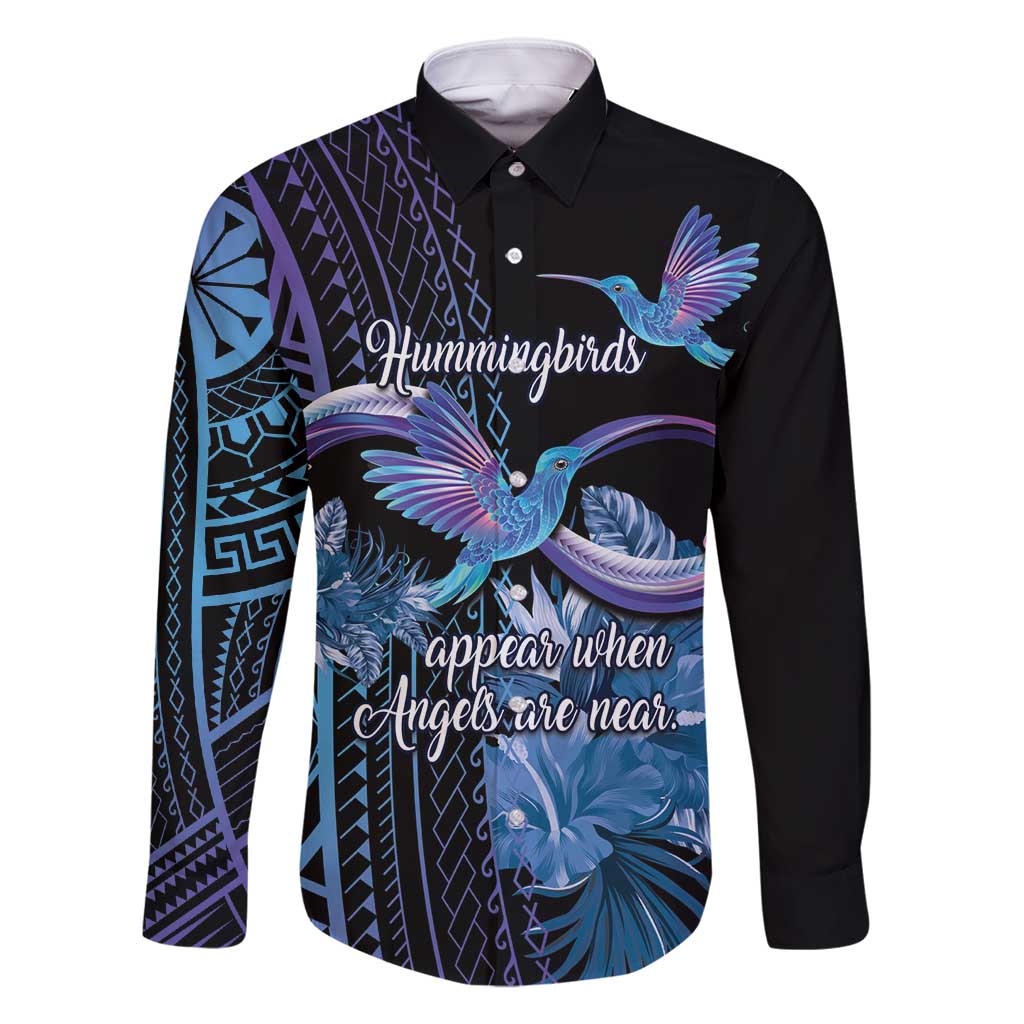 Polynesian Memorial Family Matching Long Sleeve Bodycon Dress and Hawaiian Shirt Hummingbirds Appear When Angels Are Near LT14 Dad's Shirt - Long Sleeve Black - Polynesian Pride