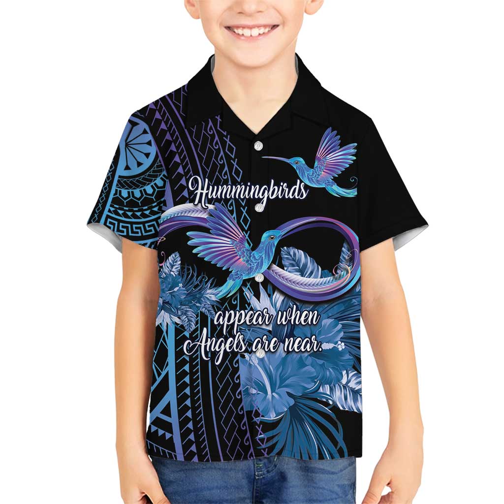 Polynesian Memorial Family Matching Puletasi and Hawaiian Shirt Hummingbirds Appear When Angels Are Near LT14 Son's Shirt Black - Polynesian Pride