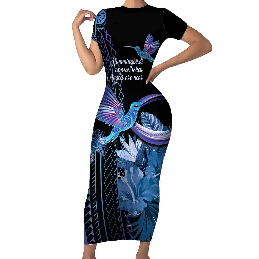 Polynesian Memorial Family Matching Short Sleeve Bodycon Dress and Hawaiian Shirt Hummingbirds Appear When Angels Are Near LT14 Mom's Dress Black - Polynesian Pride
