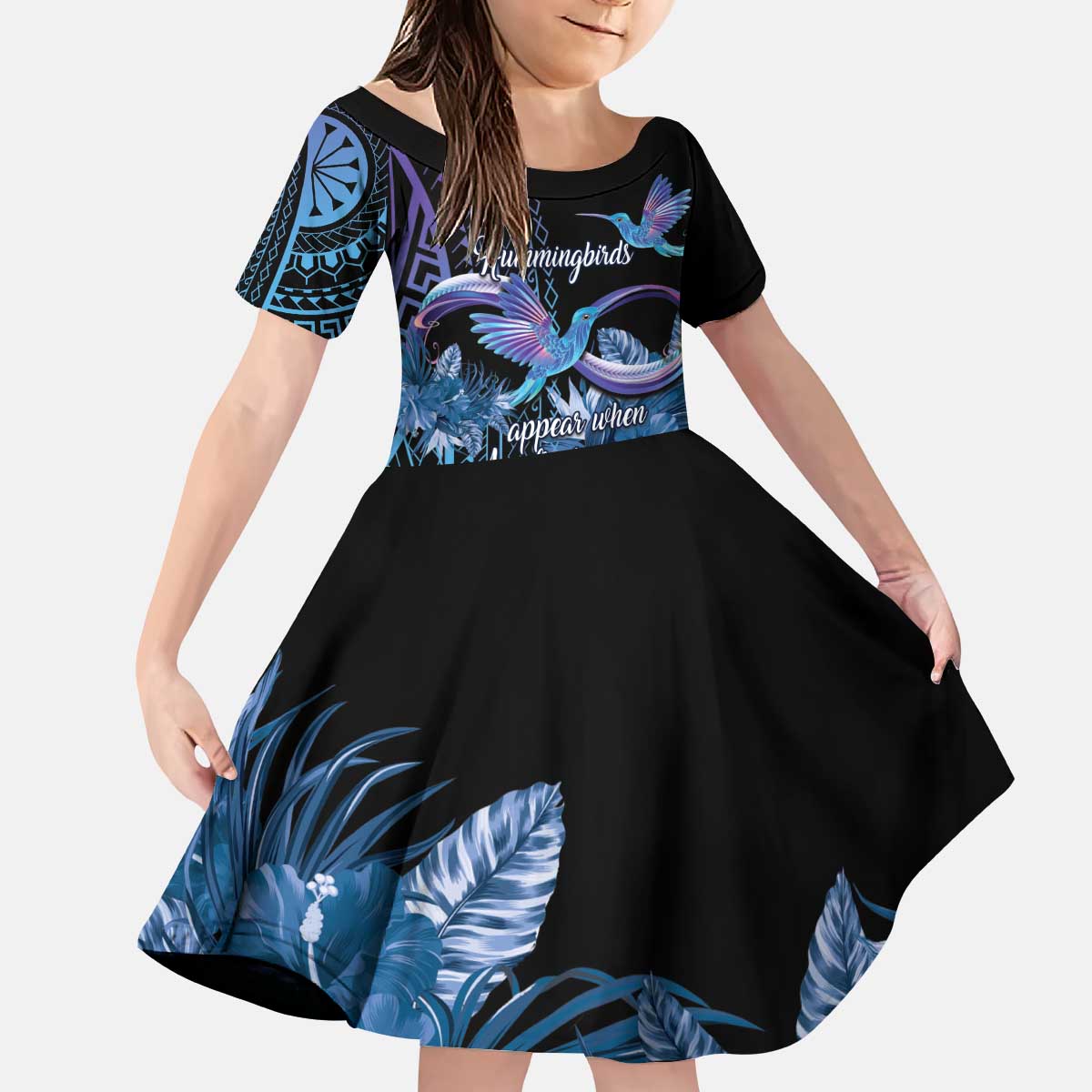 Polynesian Memorial Kid Short Sleeve Dress Hummingbirds Appear When Angels Are Near LT14