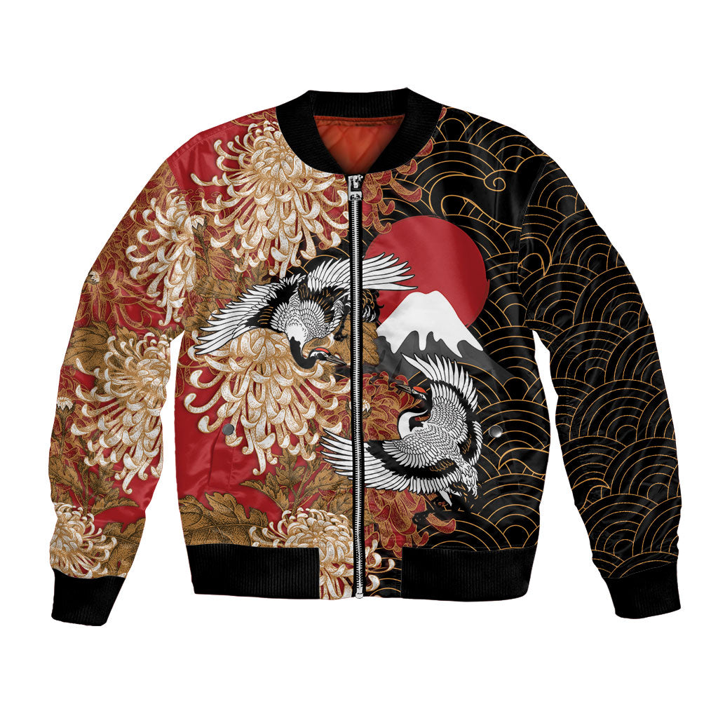 Japan Spider Chrysanthemum and Cranes Bomber Jacket Japanese Kudamono Kiku Tsuru