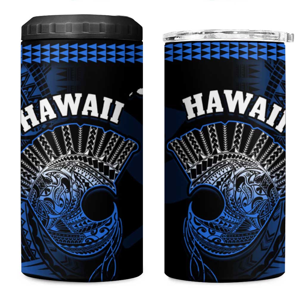 Hawaii 4 in 1 Can Cooler Tumbler Kakau Warrior Helmet Gradient Blue Polynesian