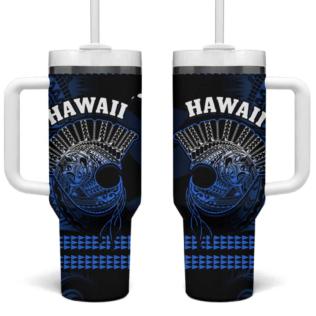 Hawaii Tumbler With Handle Kakau Warrior Helmet Gradient Blue Polynesian